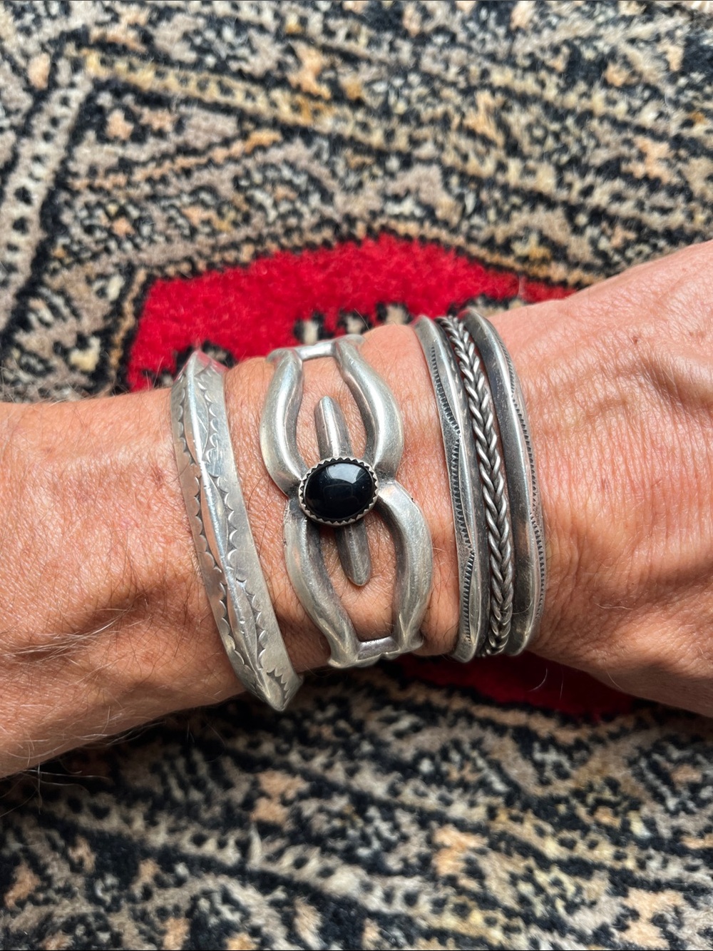 Sand cast Sterling Silver Black Onyx Cuff Bracelet Jewelry